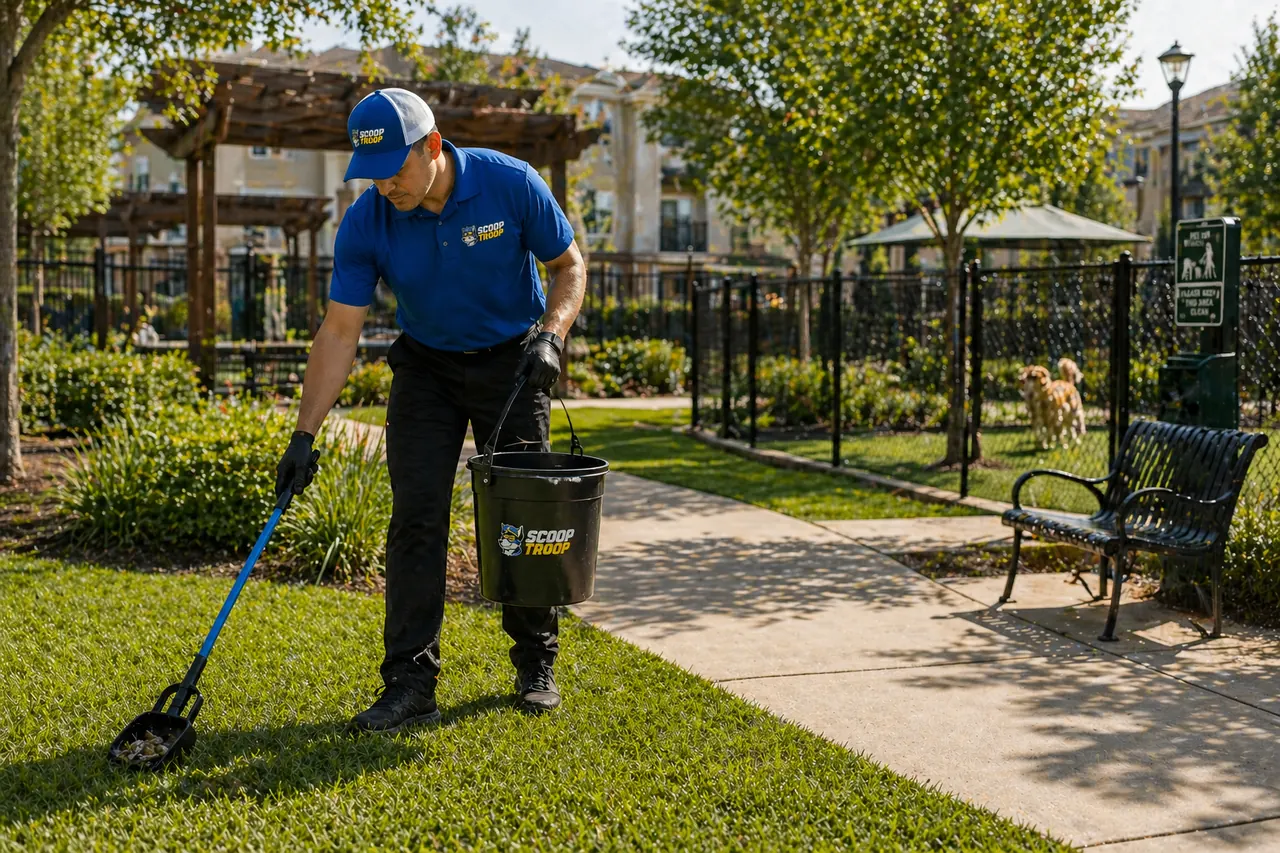 ScoopsWay technician with branded bucket and scooper cleaning the lawn at a fenced apartment community dog park