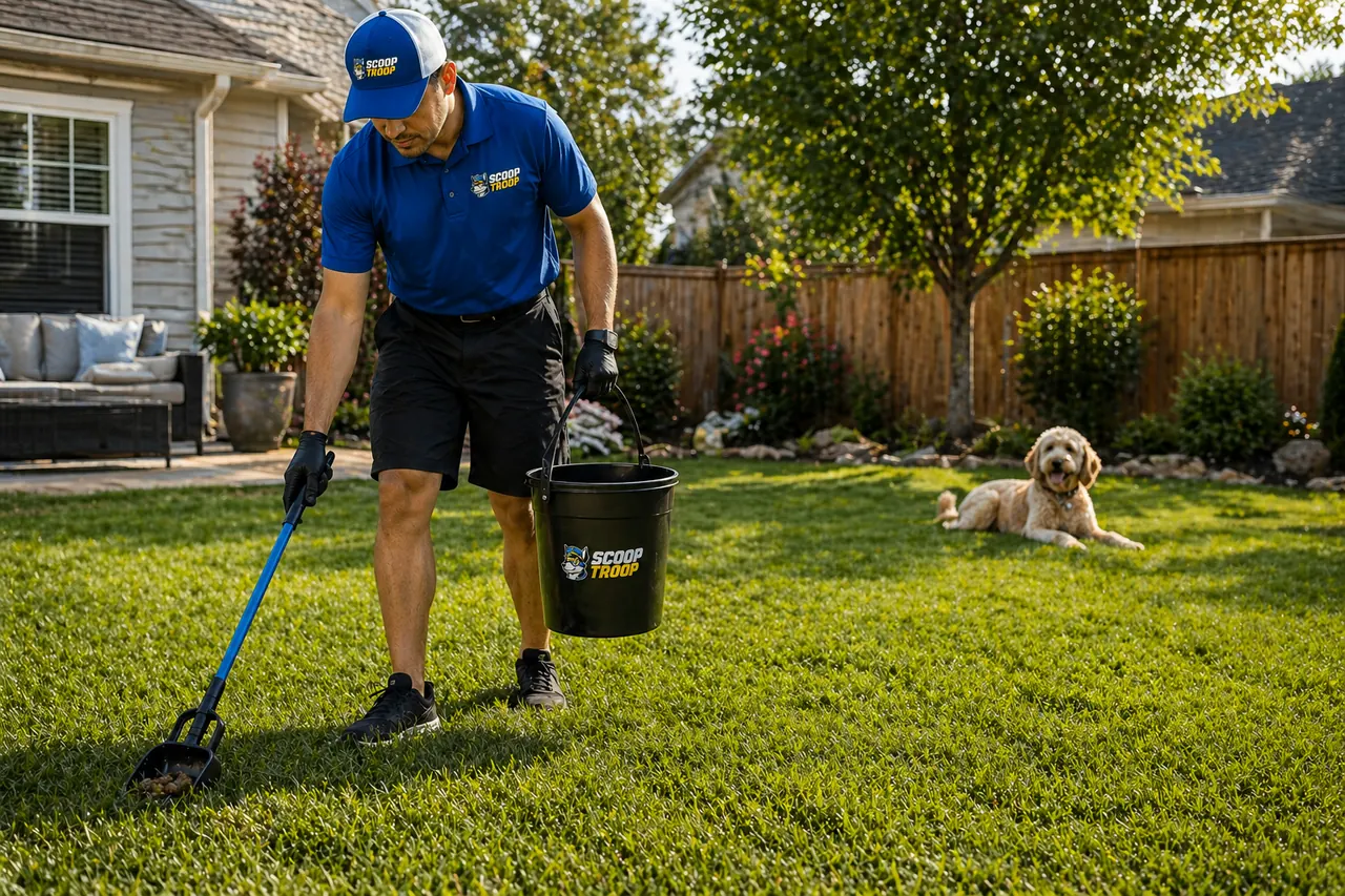 ScoopsWay technician with branded bucket and long-handled scooper cleaning a suburban backyard while a goldendoodle relaxes on the grass