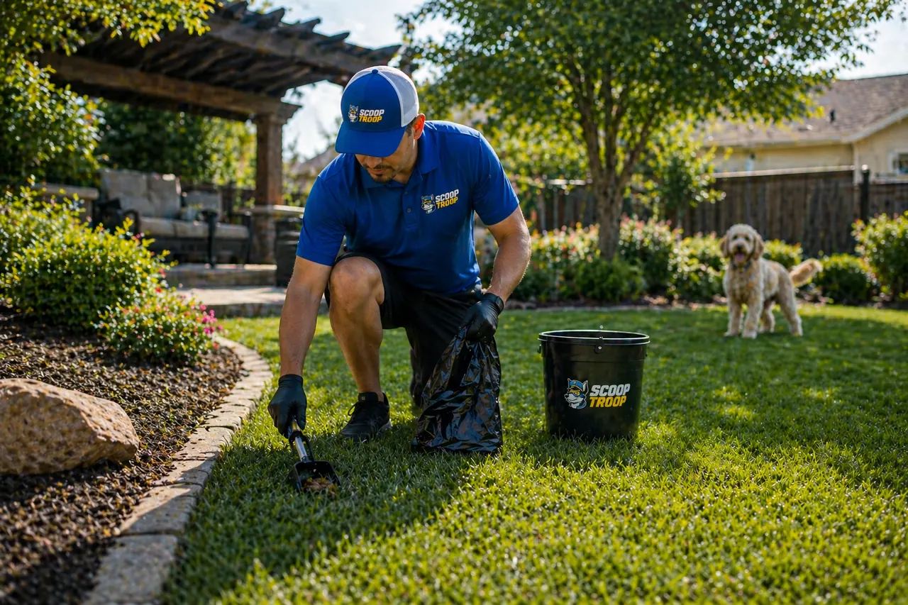 ScoopsWay technician in blue uniform kneeling in a lush backyard scooping waste while a happy goldendoodle watches