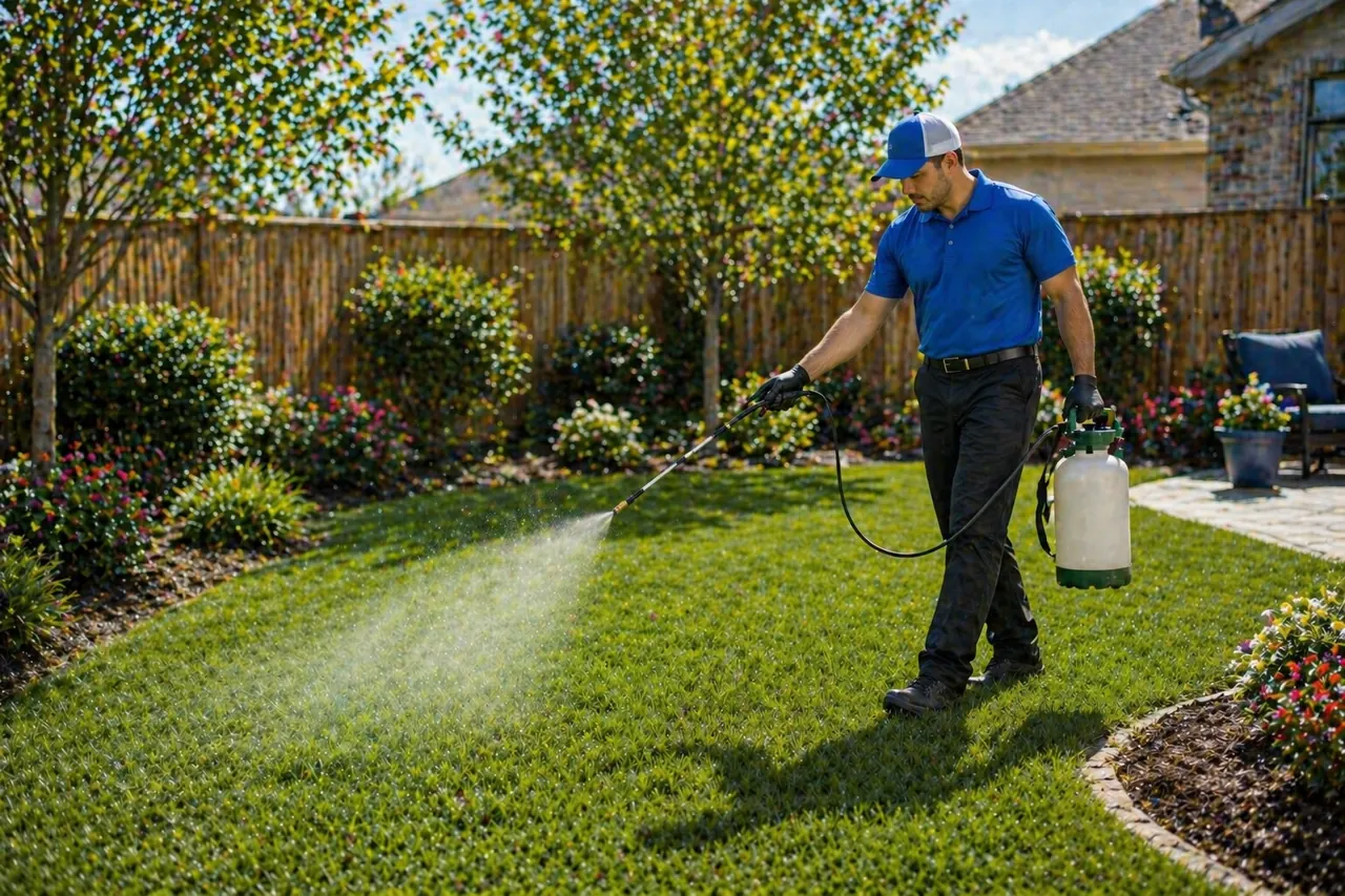 ScoopsWay technician in blue uniform spraying plant-based deodorizer across a sunny backyard lawn with a tank sprayer
