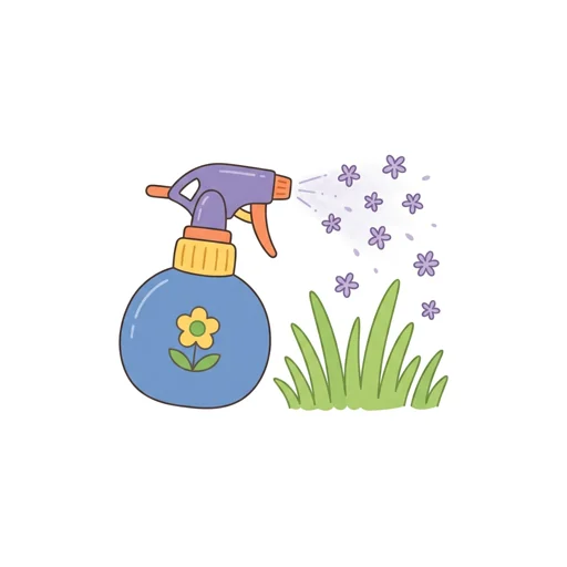 Cartoon illustration of a spray bottle misting fresh scent over grass