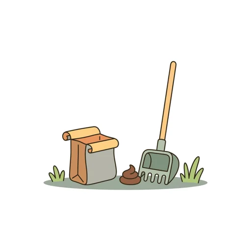 Cartoon illustration of a pooper scooper and waste bag on grass