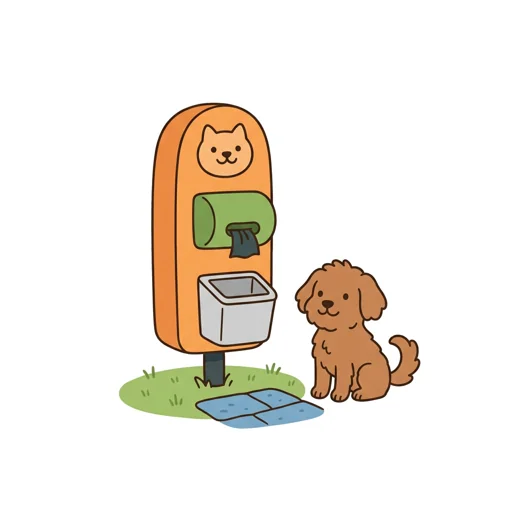 Cartoon illustration of a pet waste station with a friendly dog