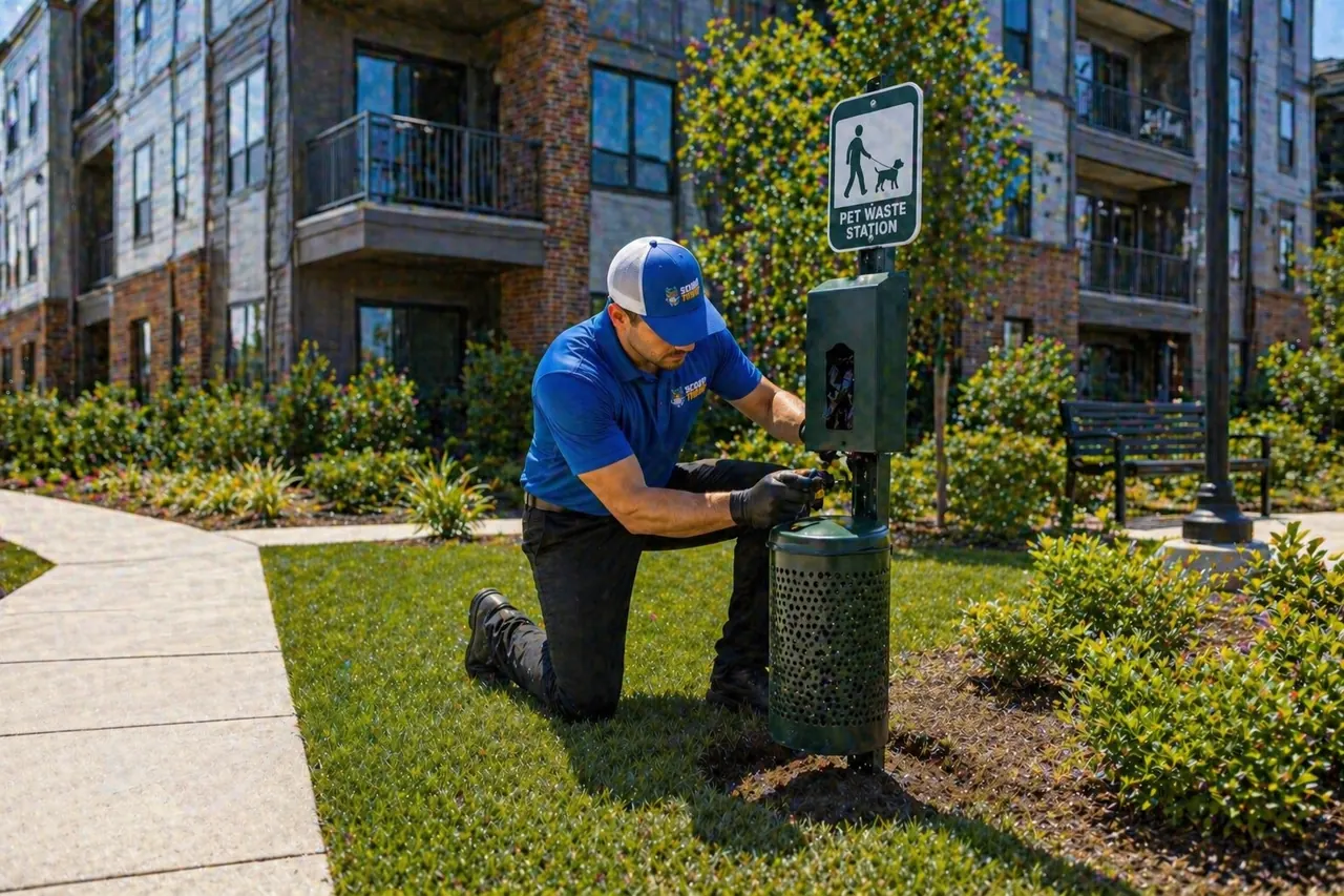 ScoopsWay technician kneeling to service and restock a pet waste station outside a landscaped apartment community